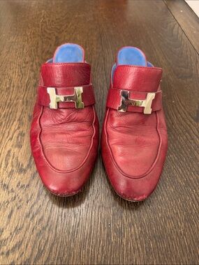 Hermes Red Leather Mule Slides with Silver 'H' Buckle